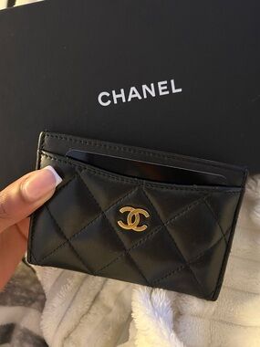 CHANEL Black Quilted Card Holder with Gold CC Logo